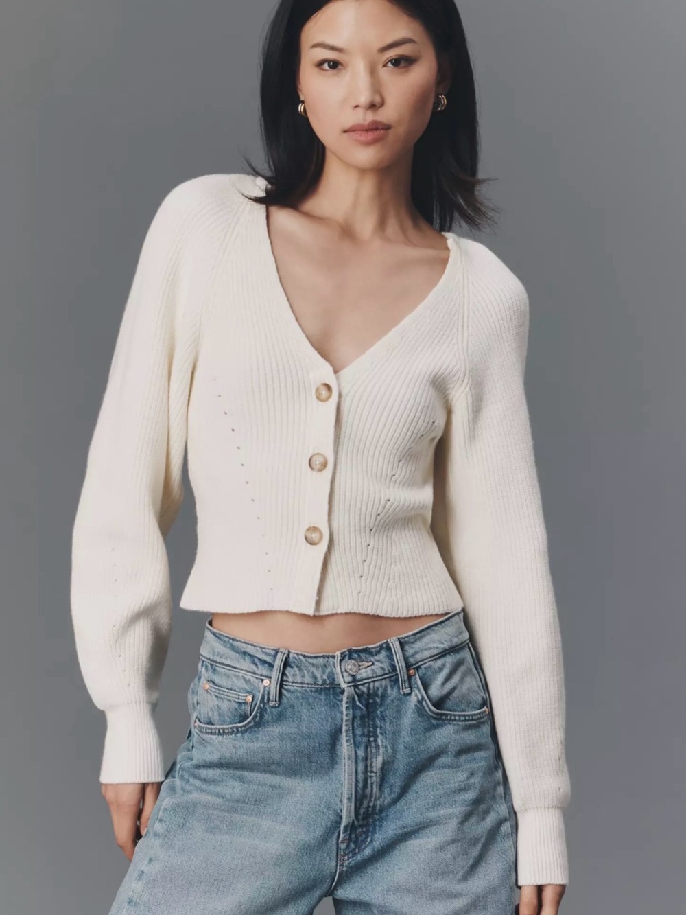 Cropped V-Neck Button Cardigan Sweater - Cream